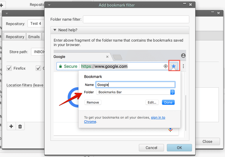 Add bookmark filter dialog