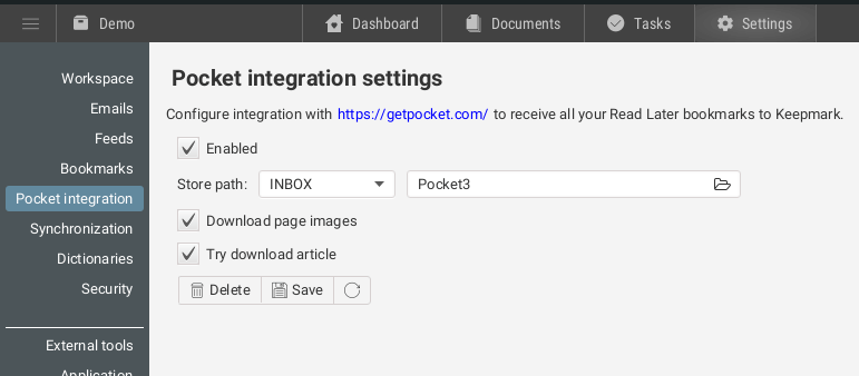 Pocket integration settings