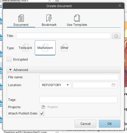 New document dialog